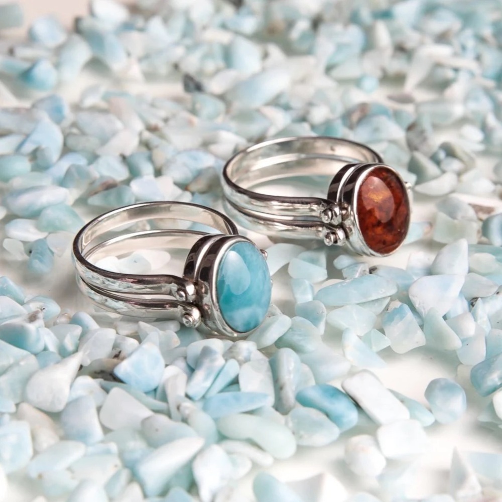 925 Sterling Silver Ring Larimar & Amber Reversible Double Band Woman’s Size 8